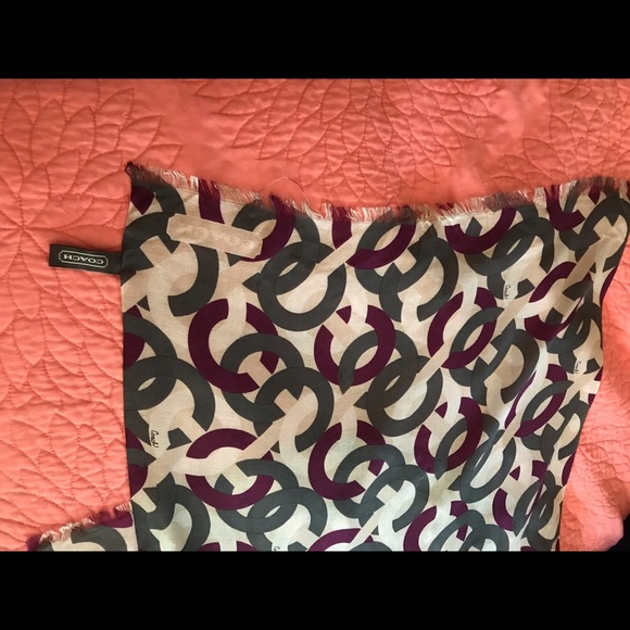 Coach Scarf 53% Silk 47% Cashmere w/ Purple & Grey C - Picture 3 of 7